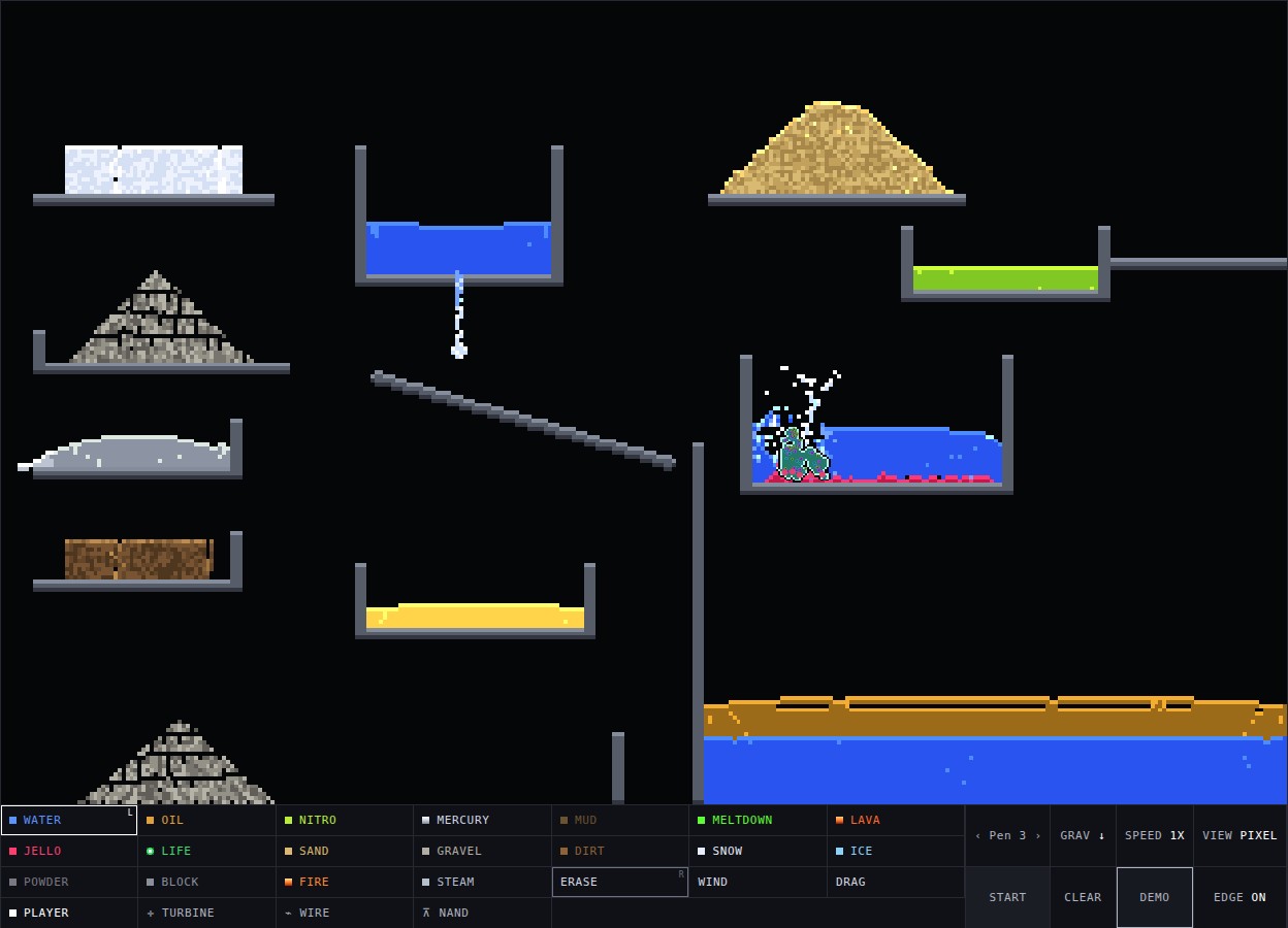 Slurry gameplay: water spilling through a funnel, cells swimming in a pool, and shelves of sand, snow, and other materials above the element menu.